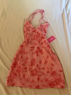 Pink Sequin Floral Halter Dress - Unknown Brand